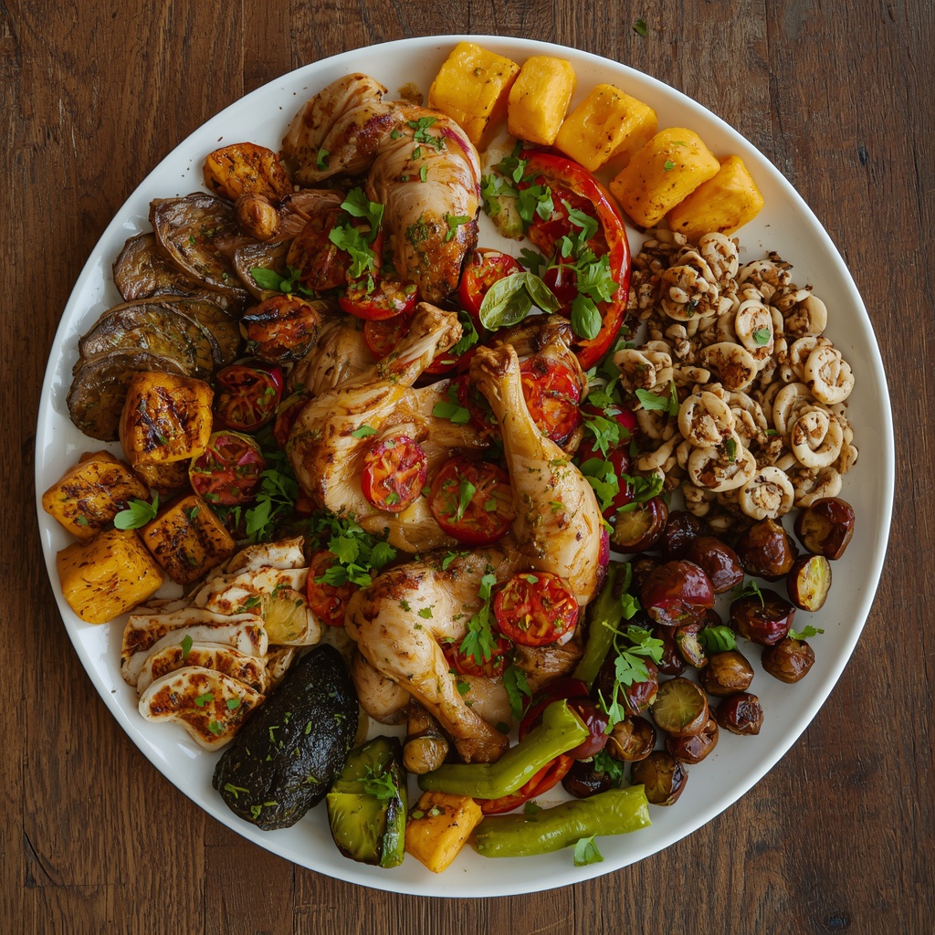 A beautifully arranged platter of assorted dishes including grilled chicken, roasted vegetables, and fresh herbs on a wooden table